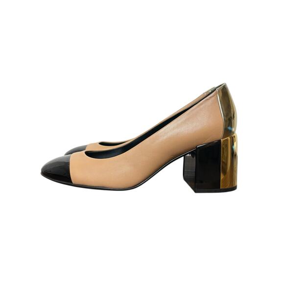 Casadei NWOB Cap Toe Pumps Black & Beige - Gold Block Heels Size 36.5 - Picture 5 of 8